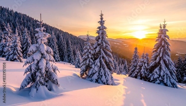 Fototapeta Stunning sunrise illuminates snowy pine trees in majestic winter wonderland, perfect for holiday promotions, scenic backgrounds, and seasonal campaigns