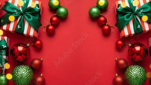 Fototapeta Festive christmas gift boxes and ornaments on a red background