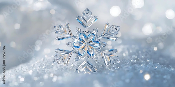 Fototapeta Crystalline snowflake on sparkling snow