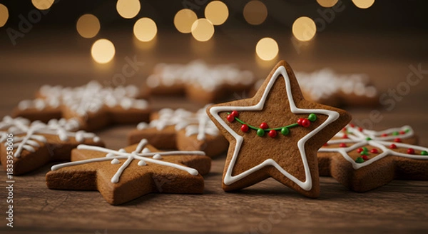 Obraz Delicious gingerbread cookies bring festive holiday cheer and warmth, inviting moments of joy and togetherness during the Christmas season with friends and family