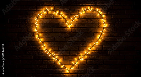 Obraz Romantic heart shaped fairy lights on brick wall backdrop, perfect for Valentine's Day or wedding designs, adding a warm and loving glow to any project with its charming aesthetic