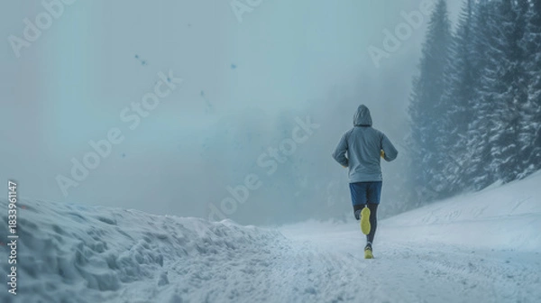 Fototapeta Runner on snowy path during winter time