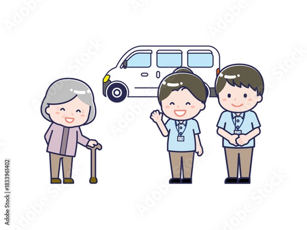 Obraz 介護／送迎／笑顔の介護士と通所者