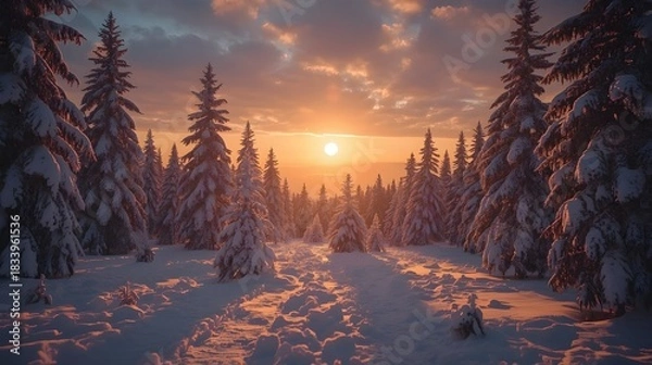 Obraz Golden winter sunrise illuminating snowy pine trees above clouds in peaceful mountain landscape