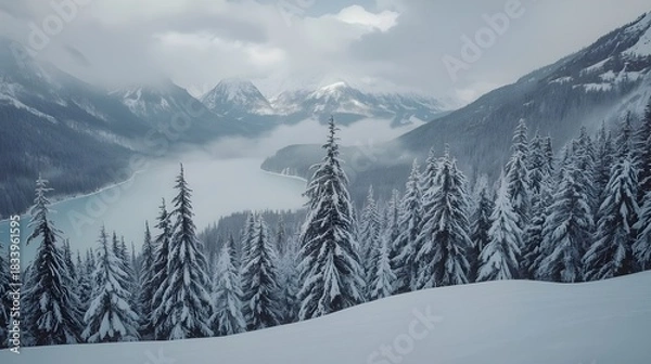 Obraz Peaceful snowy mountain landscape with pine trees overlooking frozen lake under soft daylight
