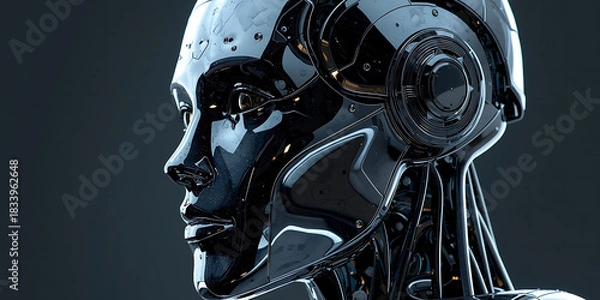 Fototapeta Sleek Chrome Female Robot Head in Futuristic Side Profile