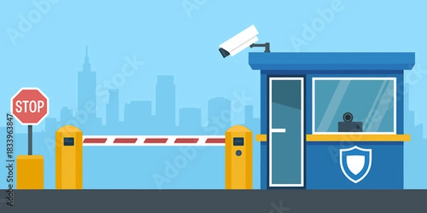 Obraz Automated security checkpoint with boom barrier and surveillance camera guarding access to the city complex and protecting the infrastructure