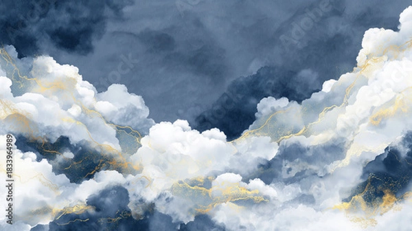 Obraz 水墨画風の雲海と山並み 金箔アクセントの和風背景素材