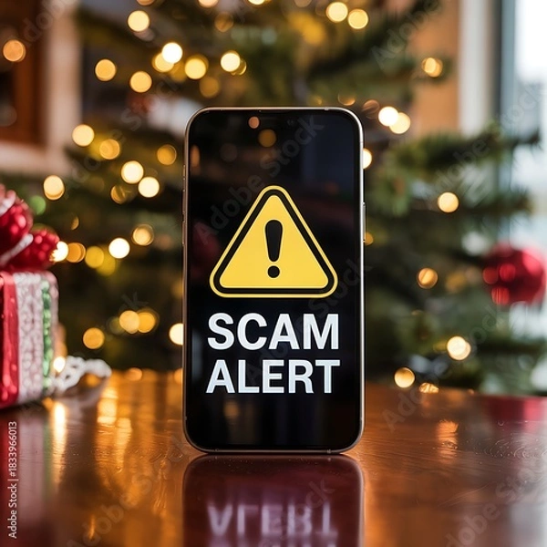 Fototapeta Smartphone displaying a prominent scam alert warning sign and text with a festive christmas tree and gift boxes in the background