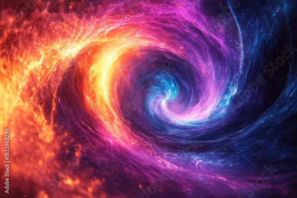 Fototapeta A vibrant cosmic vortex displaying a breathtaking swirl of fiery red, orange, purple, and blue energy, evoking a powerful, dynamic nebula.