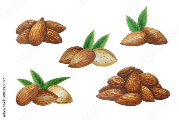 Obraz Watercolor almond composition group. White background. For your design