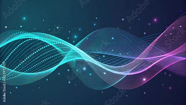 Fototapeta A vibrant abstract digital waveform in blue and pink hues, composed of countless glowing particles, resembling a DNA helix structure against a dark background.