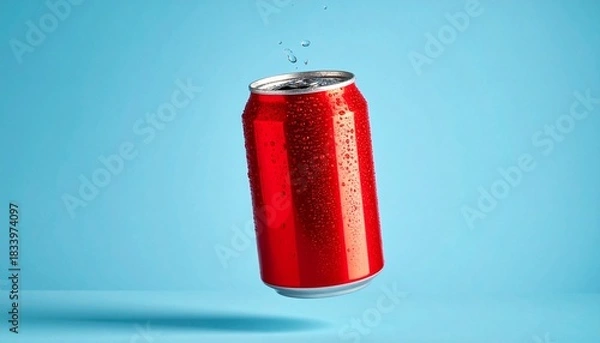 Fototapeta A red aluminum soda can with water droplets floating mid-air against a bright blue background above a reflective surface.