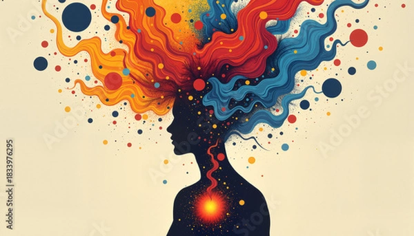 Fototapeta Silhouette of a woman with colorful mind expressing the concept of creativity, as a burst of ideas is illustrated with vibrant colors flowing from her head.