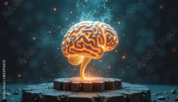 Fototapeta Glowing brain, artificial intelligence concept with neural network illumination on a stone pedestal. Artificial intelligence lights up human intellect with glowing elements.