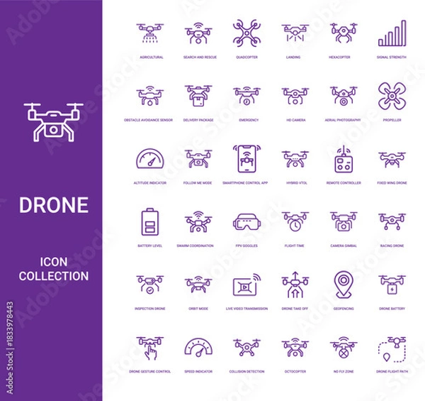 Obraz drone technology collection linear vector icons