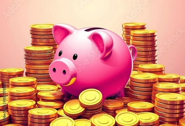 Obraz Pink piggy bank surrounded by stacks of gold coins, vector illustration,  future,  gold