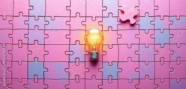 Obraz Pinkish coral blue jigsaw puzzle pieces forming a lightbulb, symbolizing teamwork and brainstorming,  collaboration,  synergy