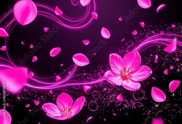 Obraz Pink swirls, sakura petals, neon waves, sparkling particles on black background,  fantasy,  texture