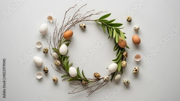 Fototapeta Easter egg wreath with spring flowers and branches