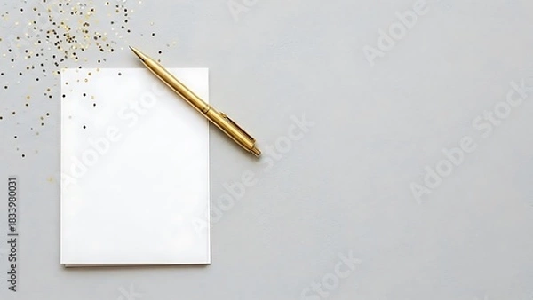 Fototapeta White Paper, Golden Pen and Confetti on Gray Backdrop, Flat Lay