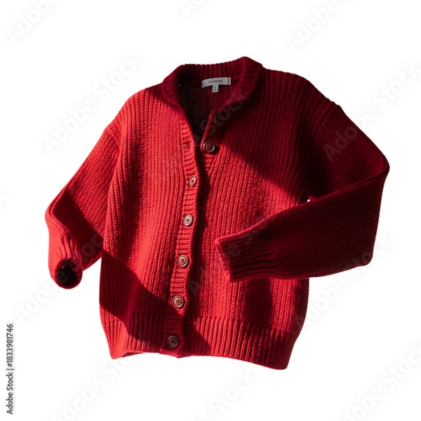 Obraz Red knitted cardigan with buttons warm and cozy isolated on transparent background