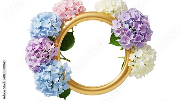 Obraz Oval gold frame adorned with colorful hydrangea flowers isolated on transparent background