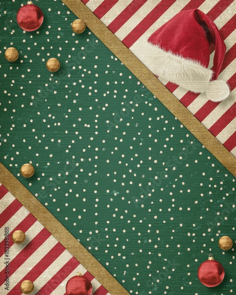 Fototapeta Christmas hat and red and gold baubles on green and red striped background with gold ribbon and white confetti dots