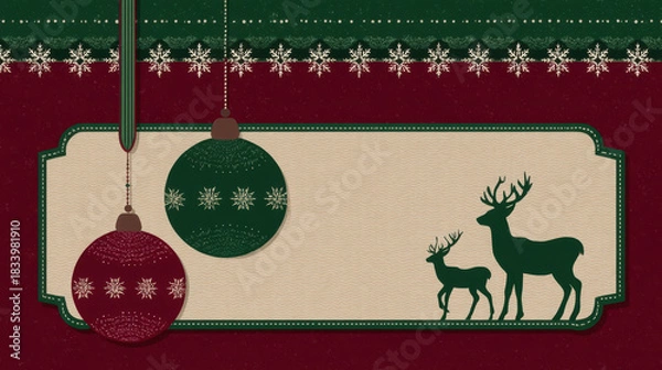 Fototapeta Christmas ornament decoration with reindeer silhouette and snowflake border on red and green background