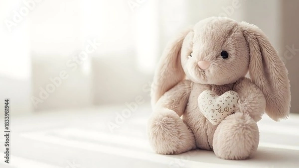 Fototapeta Plush Bunny with Heart, Valentine's Day, Soft Toy, Love Concept