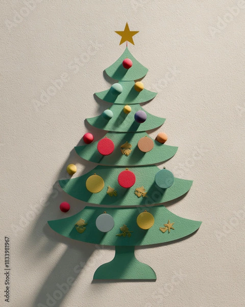Fototapeta Christmas tree decoration with colorful ornaments and star on top casting shadows on wall