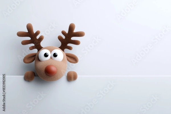Fototapeta Cute reindeer with big eyes and red nose peeking over white surface, playful holiday decoration with soft texture and antlers