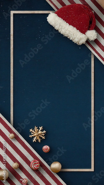 Fototapeta Christmas hat and decorations with striped fabric frame on dark background for festive greeting card