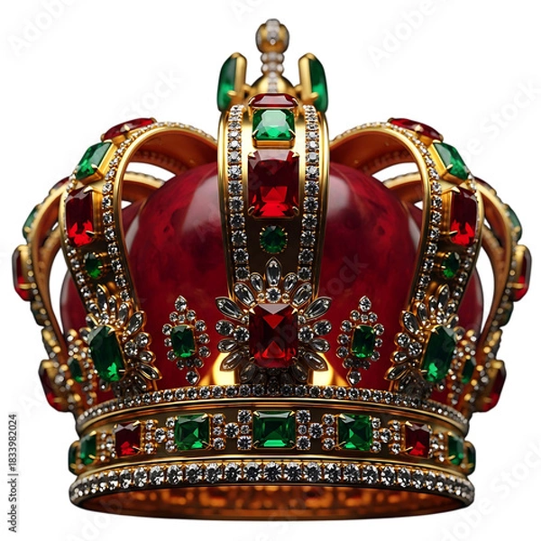 Obraz Ornate gold crown with jewels red velvet and green accents isolated on transparent background