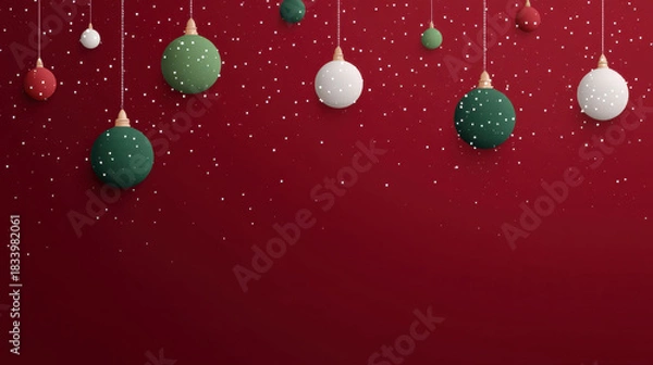 Fototapeta Christmas ornament decoration hanging on red background with snow effect for festive holiday celebration