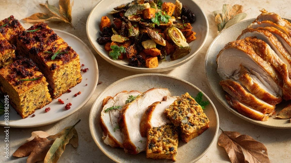 Fototapeta Roasted turkey slices with cornbread and roasted vegetables on plates, autumn leaves decoration, warm and hearty meal setting