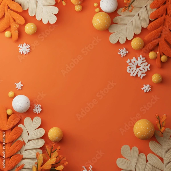 Fototapeta Autumn leaves and decorative balls frame orange background with white snowflakes, creating warm and festive seasonal atmosphere