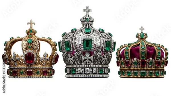 Obraz Three royal crowns with jewels and crosses isolated on transparent background