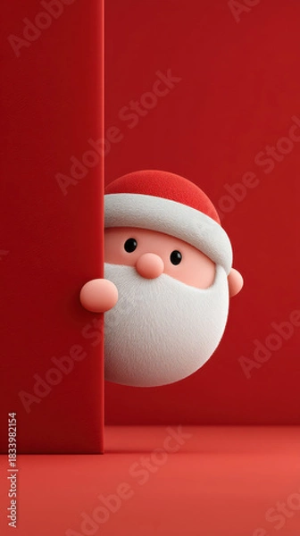 Fototapeta Santa Claus peeking from behind red wall with joyful expression, featuring white beard and red hat in festive setting