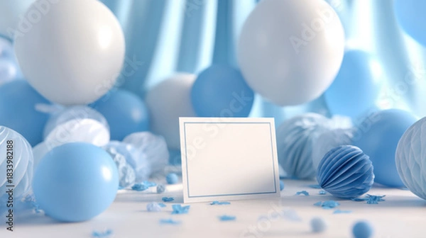 Fototapeta Blank card on table with blue and white balloons and decorations for celebration or party