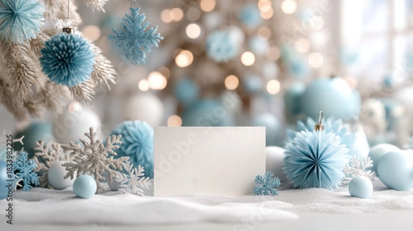 Fototapeta Winter holiday card with blue and white snowflake decorations and baubles on snowy surface with soft bokeh lights