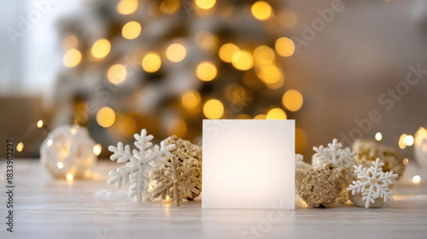 Fototapeta Winter decoration with white and gold snowflakes and glowing lights creating warm festive atmosphere on wooden surface