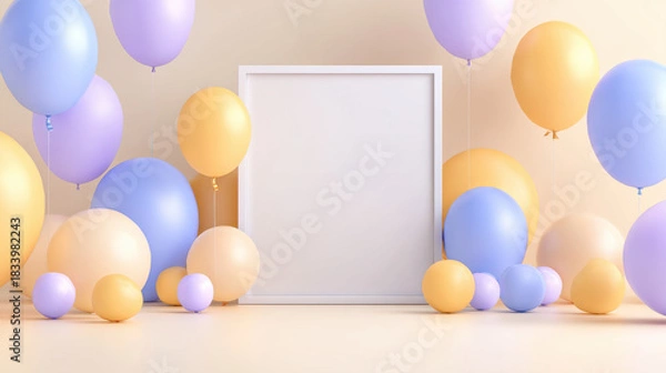 Fototapeta Blank white square frame surrounded pastel balloons in yellow, purple, and blue colors, creating soft and festive atmosphere