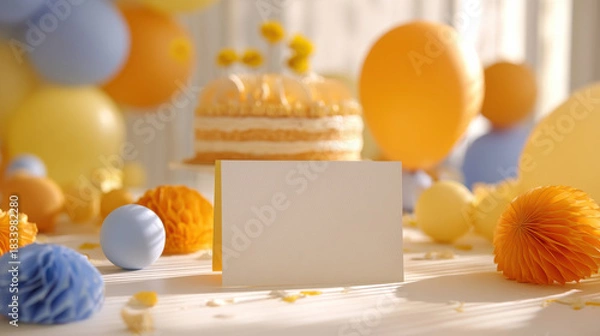 Fototapeta Blank card on table with yellow and blue party decorations and cake in background, bright festive atmosphere