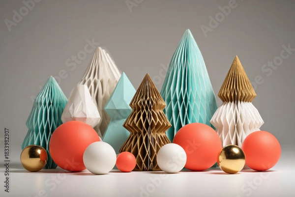 Fototapeta Paper Christmas tree decoration with colorful round baubles in red, white, and gold arranged on white surface with neutral background