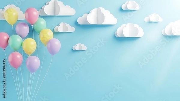 Fototapeta Pastel Balloons with Paper Clouds on Light Blue Background