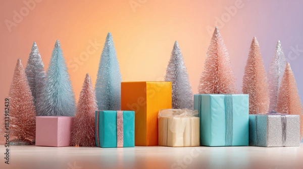 Fototapeta Colorful gift box with decorative pastel Christmas tree on orange background, festive holiday celebration with soft lighting
