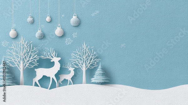 Fototapeta Winter forest with white reindeer and snow covered trees under hanging ornaments on blue background