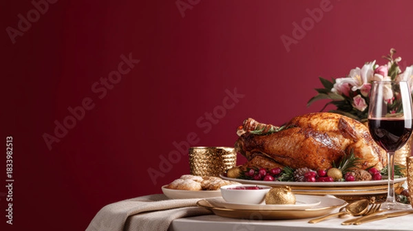 Fototapeta Roasted turkey with cranberry sauce and holiday decorations served with red wine on festive table setting with flowers and golden utensils