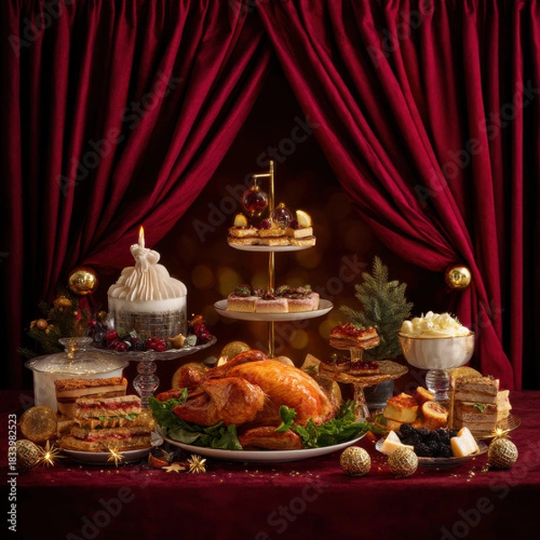 Fototapeta Thanksgiving dinner table with roasted turkey, layered cakes, desserts, and festive decorations under red velvet curtains